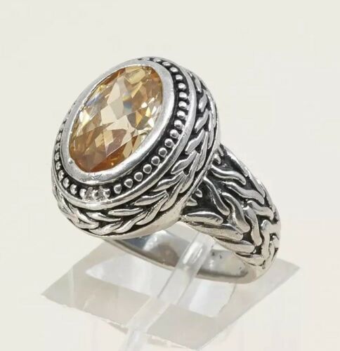 Sz 7, Sterling Silver handmade Ring, 925 Silver W/ citrine N Cable Texture