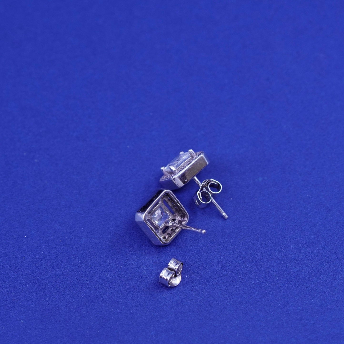 Vintage sterling silver handmade earrings, 925 studs with cluster CZ inlay