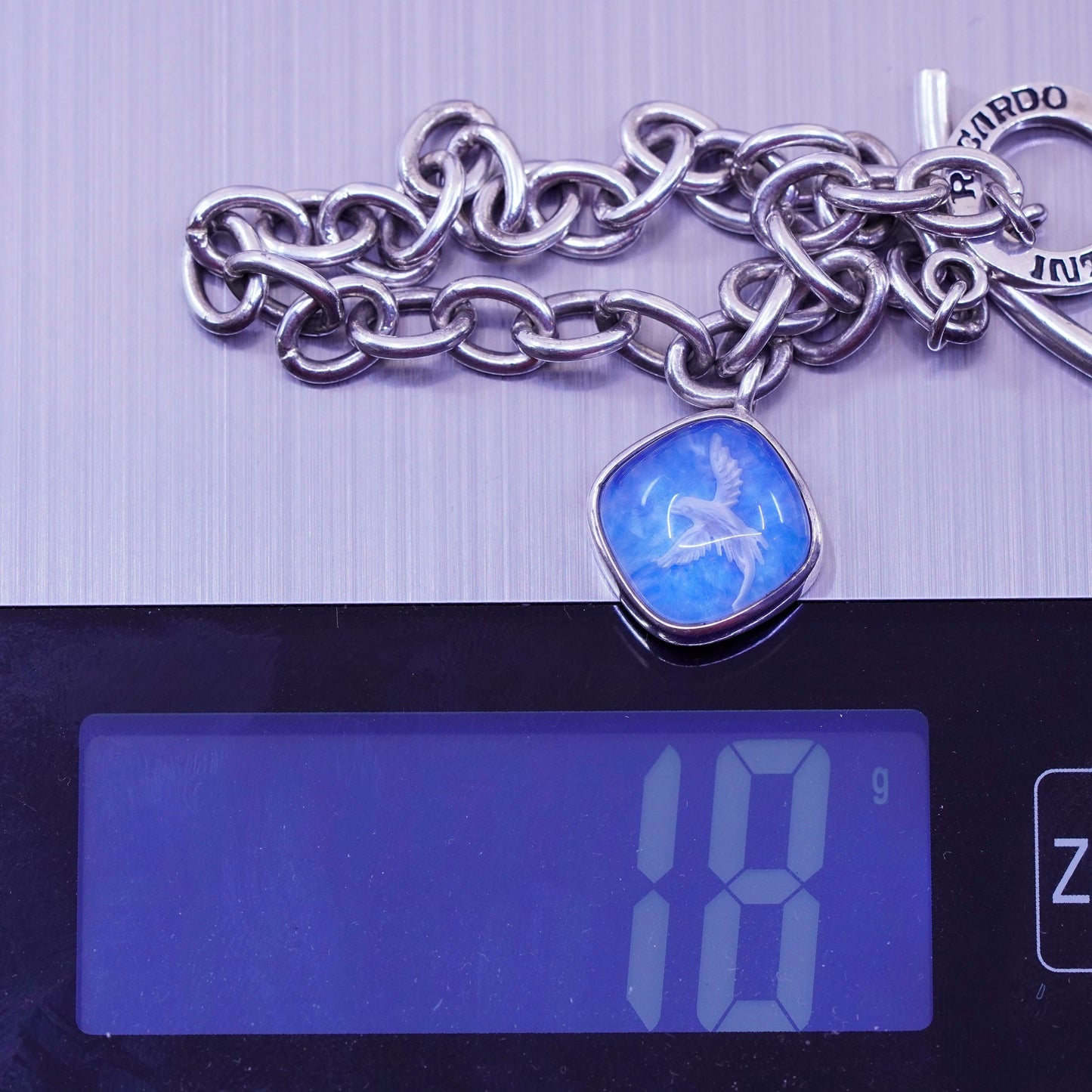 7” Ricardo Intaglio Cayman Islands Sterling 925 Silver bracelet blue dove Charm