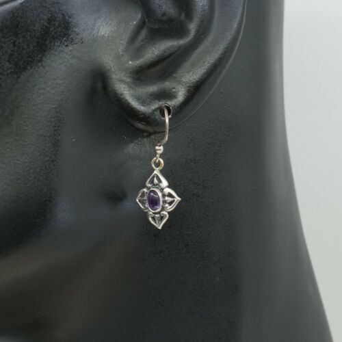 Vtg Sterling Silver Handmade Earrings, 925 Dangles W/ Amethyst N Filigree Detail