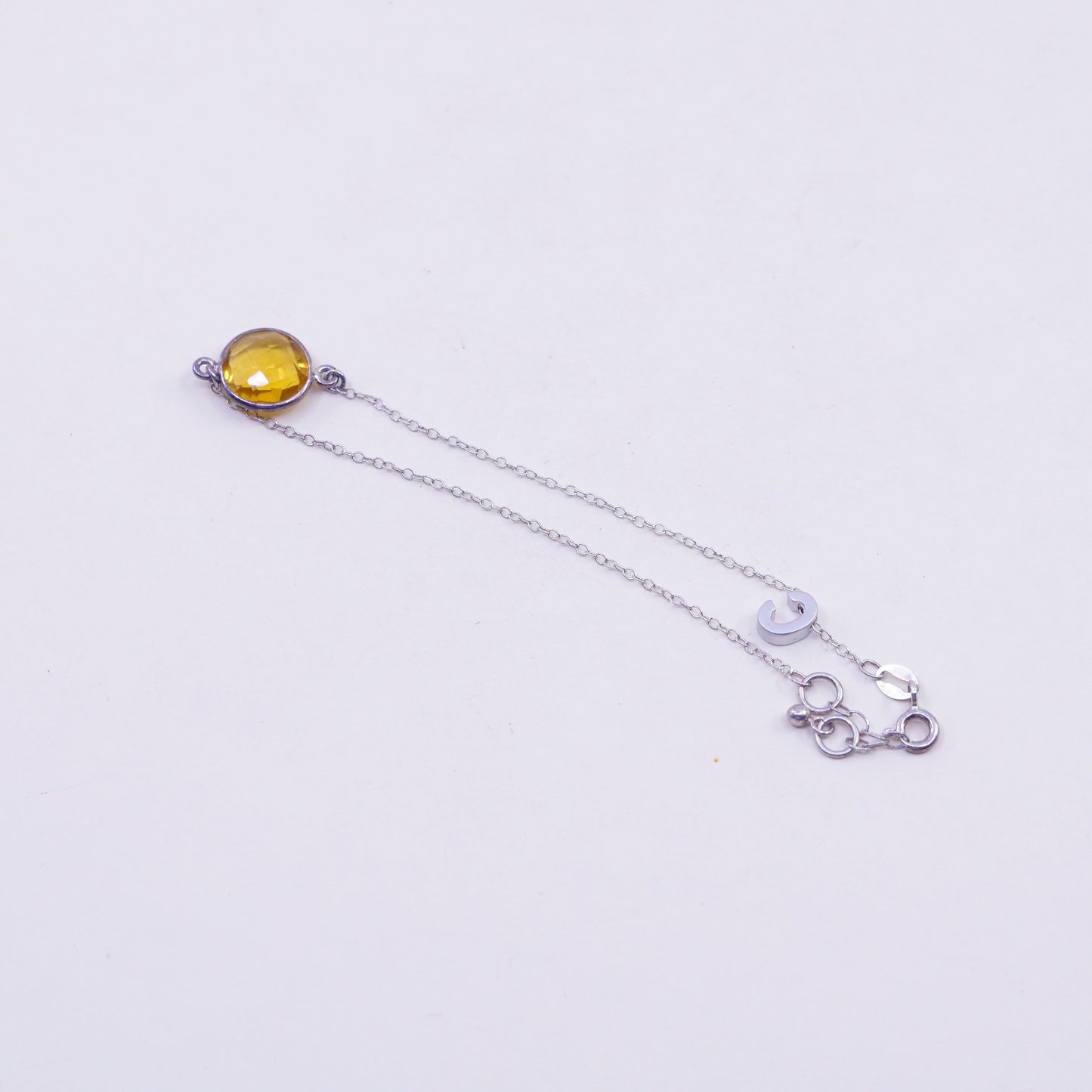 7.25”, 1mm, Vintage sterling 925 silver circle chain bracelet with citrine