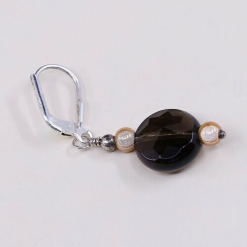 Vtg STERLING 925 SILVER Handmade Lever Back earrings with Smoky Crystal dangles
