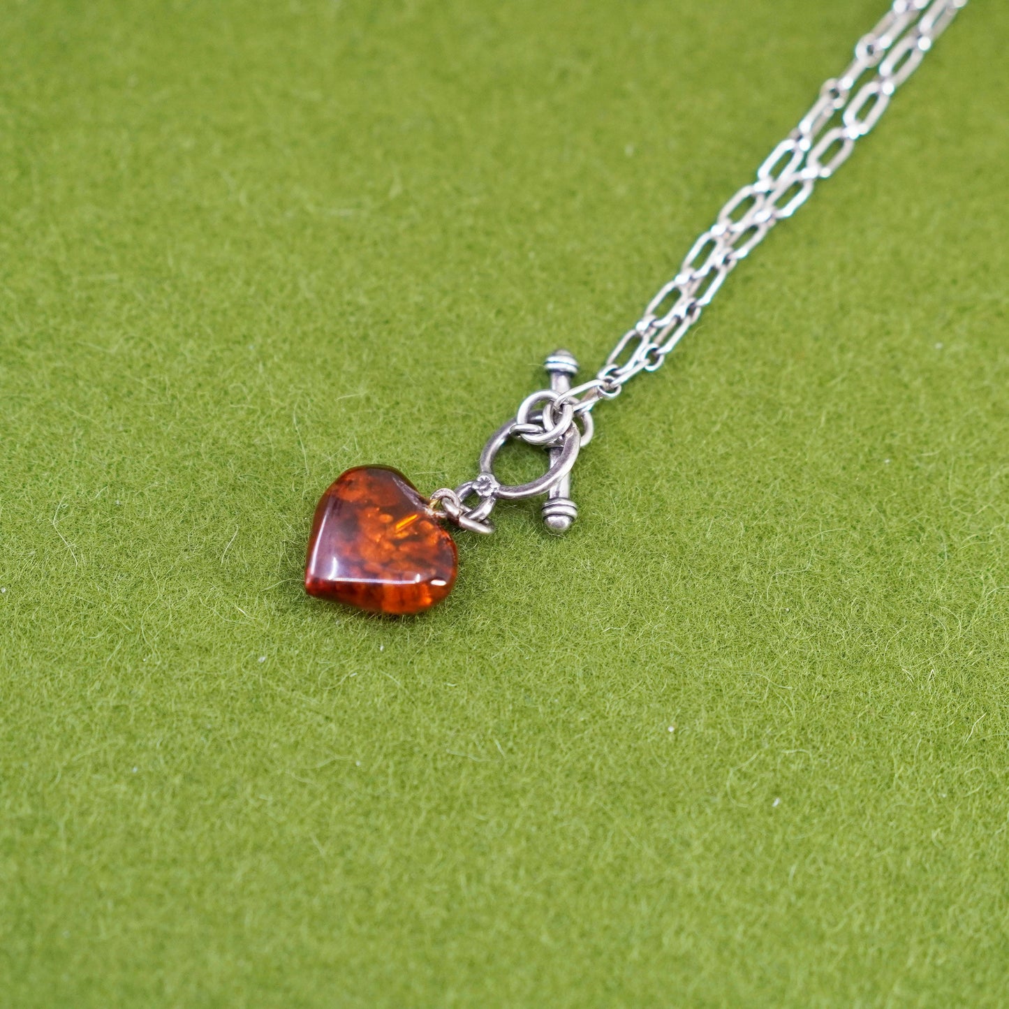 15”, Sterling 925 silver handmade elongated chain necklace amber heart pendant