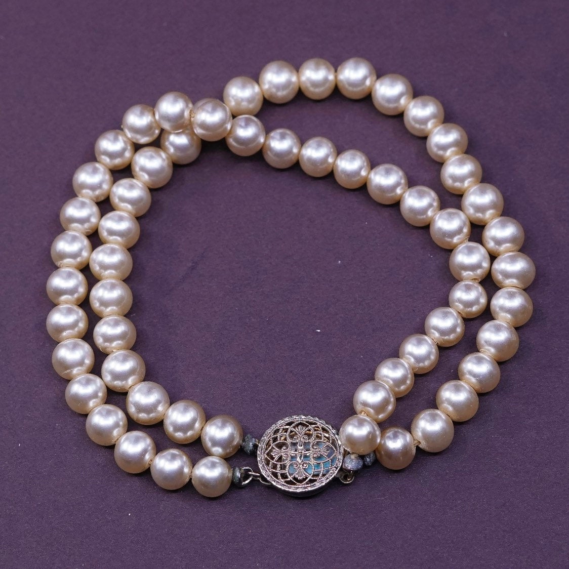 6.75”, vtg double strands Sterling silver handmade bracelet, 925 clasp w/ pearl