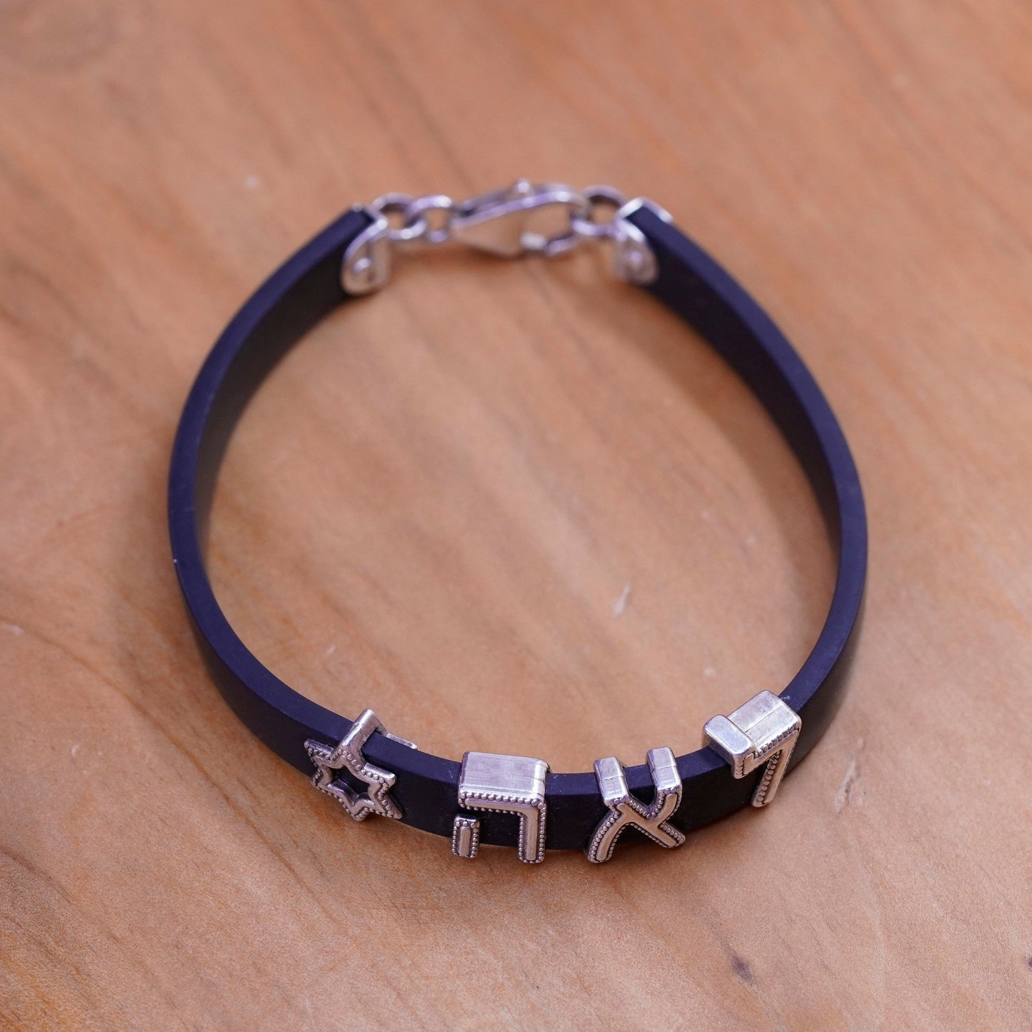 6.5”, vintage black rubber bracelet with sterling 925 silver hexagram charms