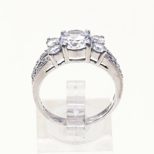 Sz 9, vintage Sterling Ring, 925 Silver Engagement Ring W/ cluster Crystal
