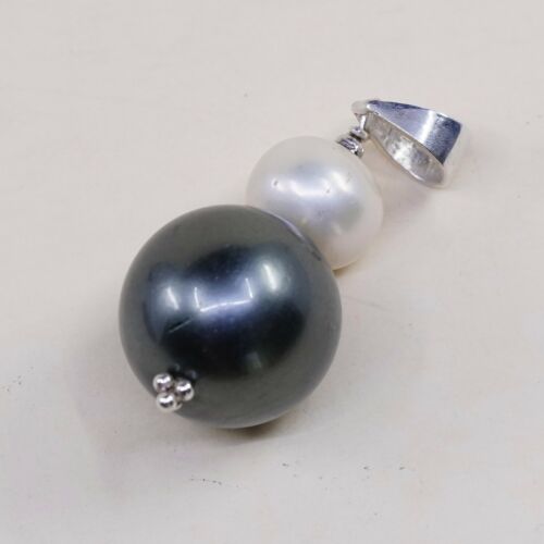 Vintage Sterling Silver Heart Pendant, Solid 925 Silver Black N White Pearl