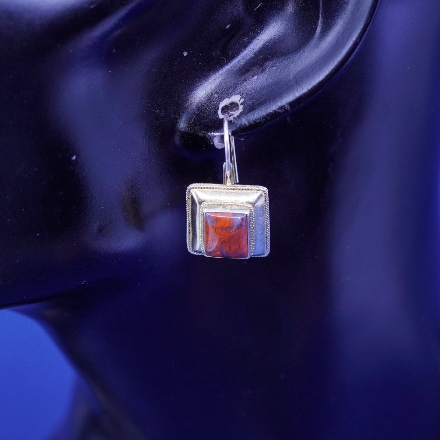 Vintage vermeil gold Sterling 925 silver handmade square earrings bloodstone