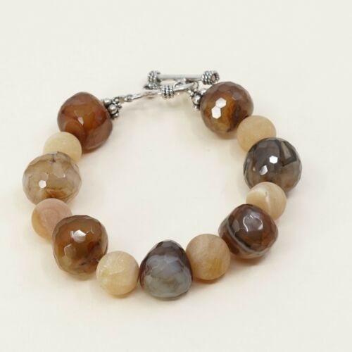6.25”, Vtg Sterling Silver Handmade Bracelet 925 W/ Agate Beads N Toggle Closure