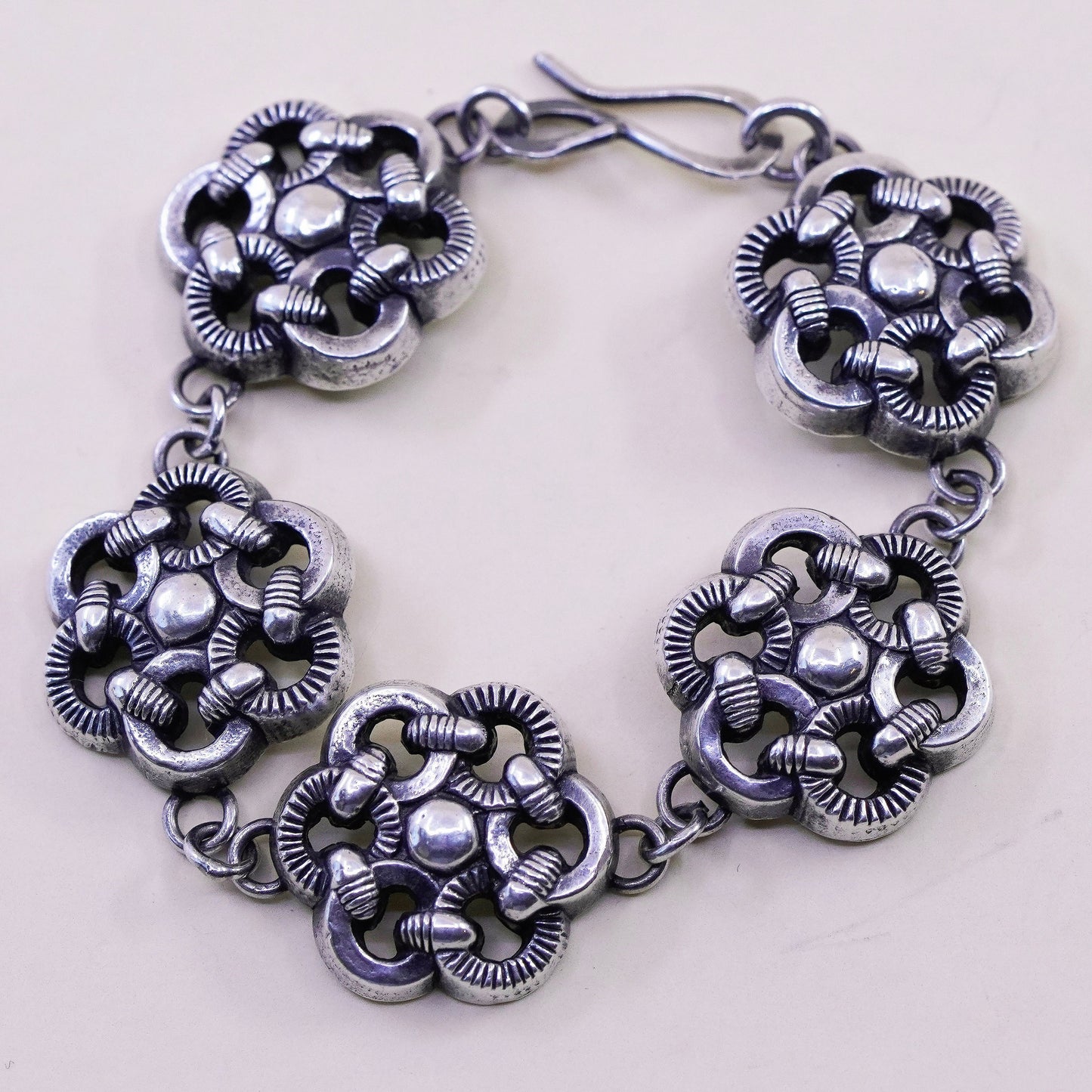 6.5”, vintage sterling 925 silver handmade bracelet, knotted floral pink chain