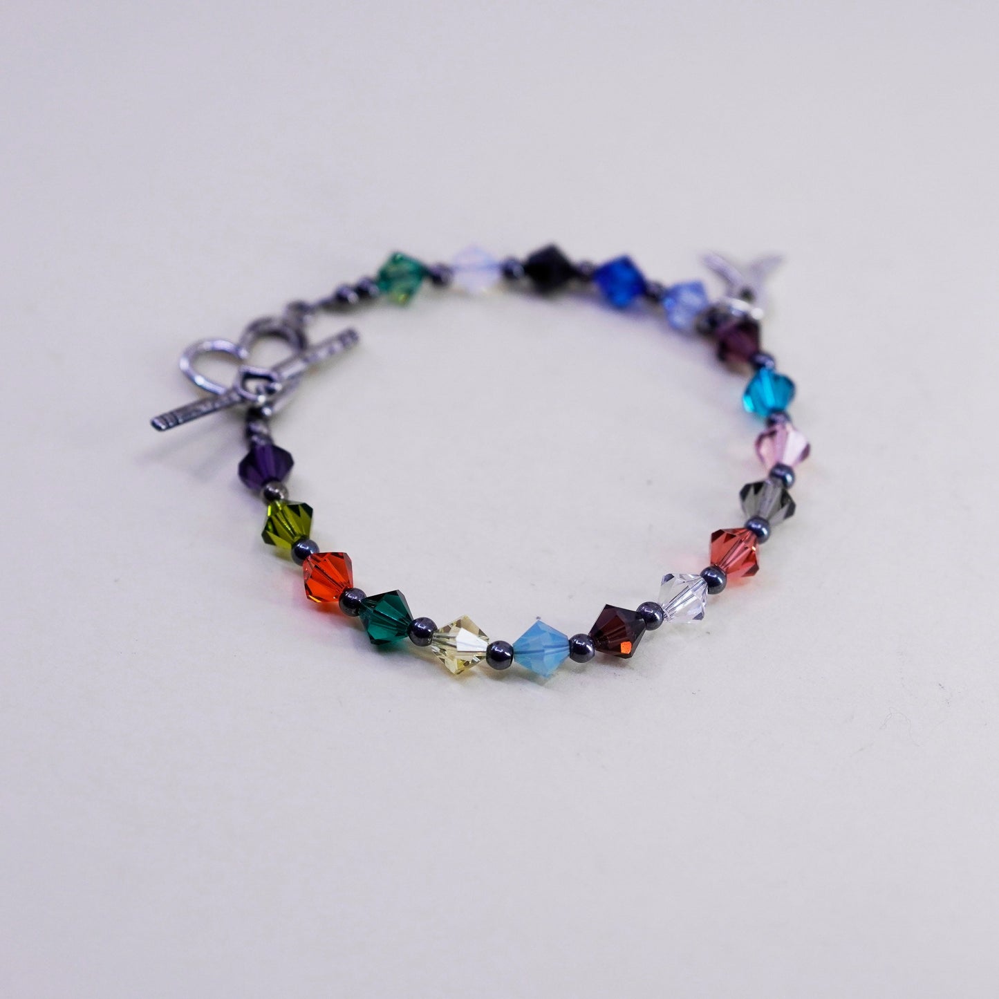 6.5”, Sterling 925 silver bracelet, colorful crystal breast cancer ribbon charm