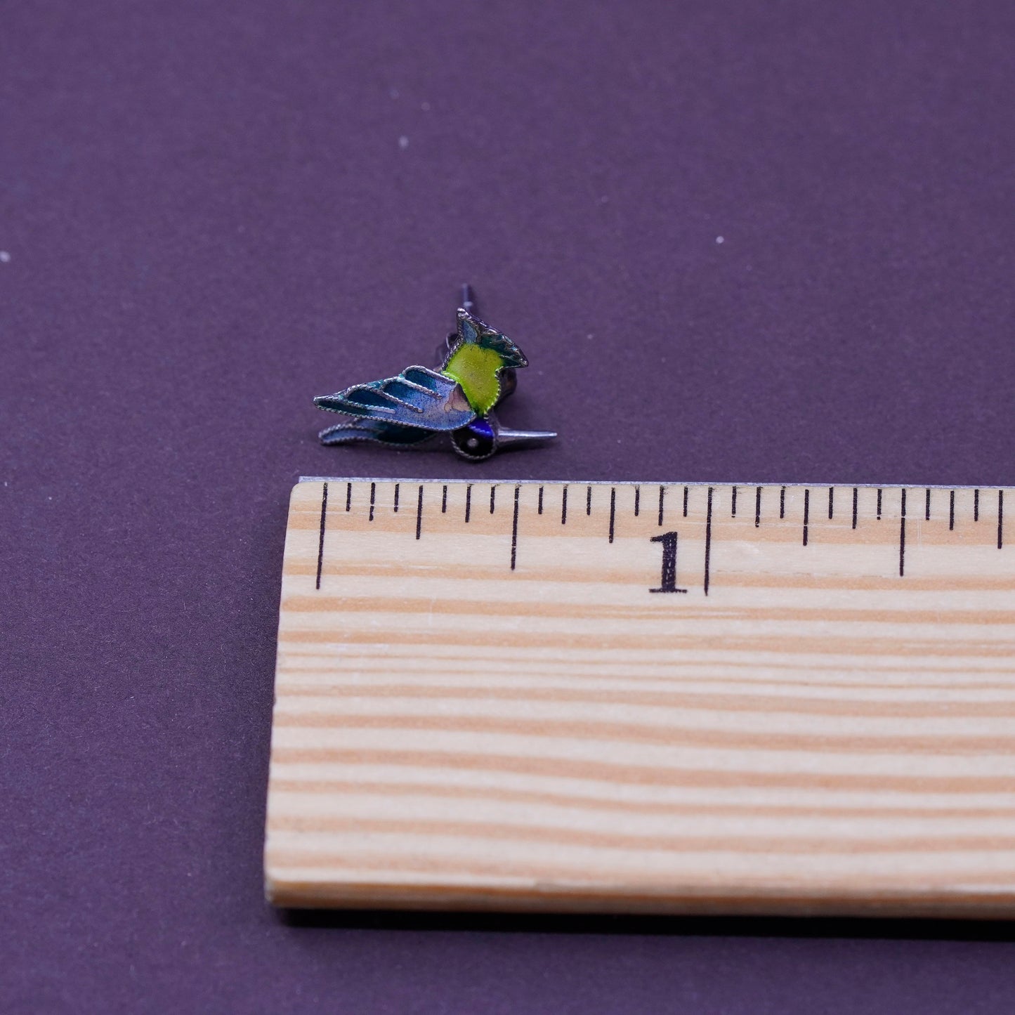 Vintage Sterling silver handmade earrings, 925 enamel hummingbird studs