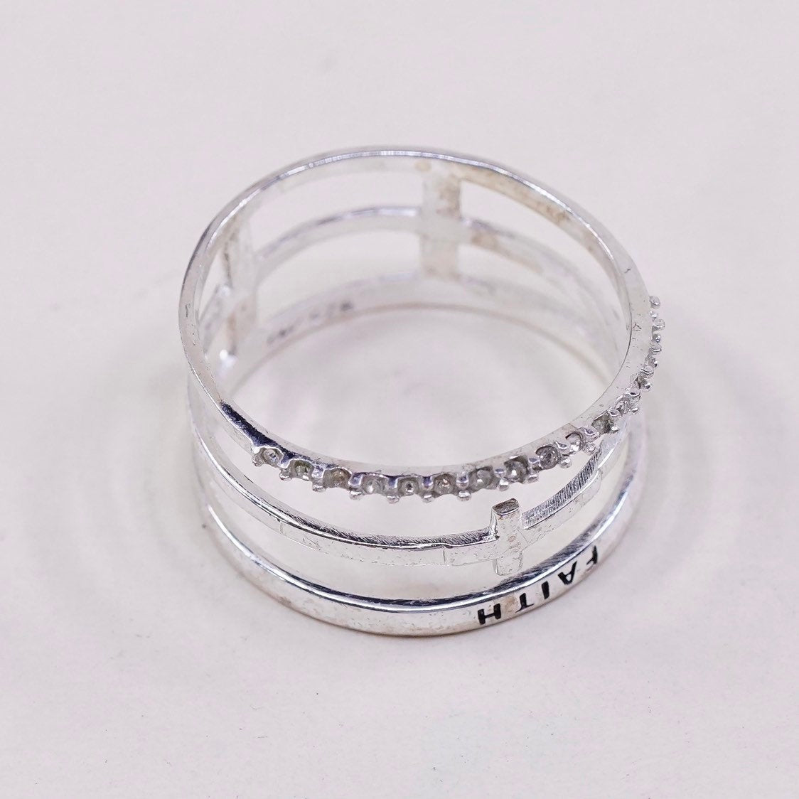 sz 7.5, vtg Sterling silver statement ring, band, 925 cross w/ faith n CZ