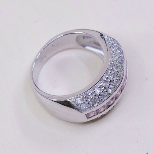 Size 6, Vtg Sterling Silver Handmade Ring, 925 Silver Band W/ Pink Cluster Cz