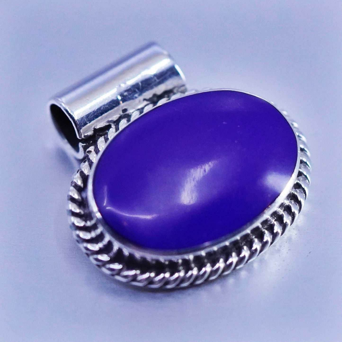 antique sterling 925 silver handmade pendant with blue onyx and cable