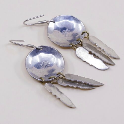 Vtg two tone handmade Sterling 925 Silver Earrings W/ Ox N Feather Dangles