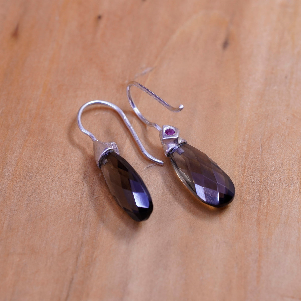 Vintage Elle Sterling 925 silver earrings with teardrop smoky topaz and ruby