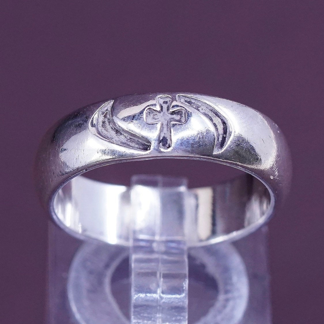 sz 8.25, vtg BSD Sterling silver prayer ring, 925 band w/ "cross" engraved