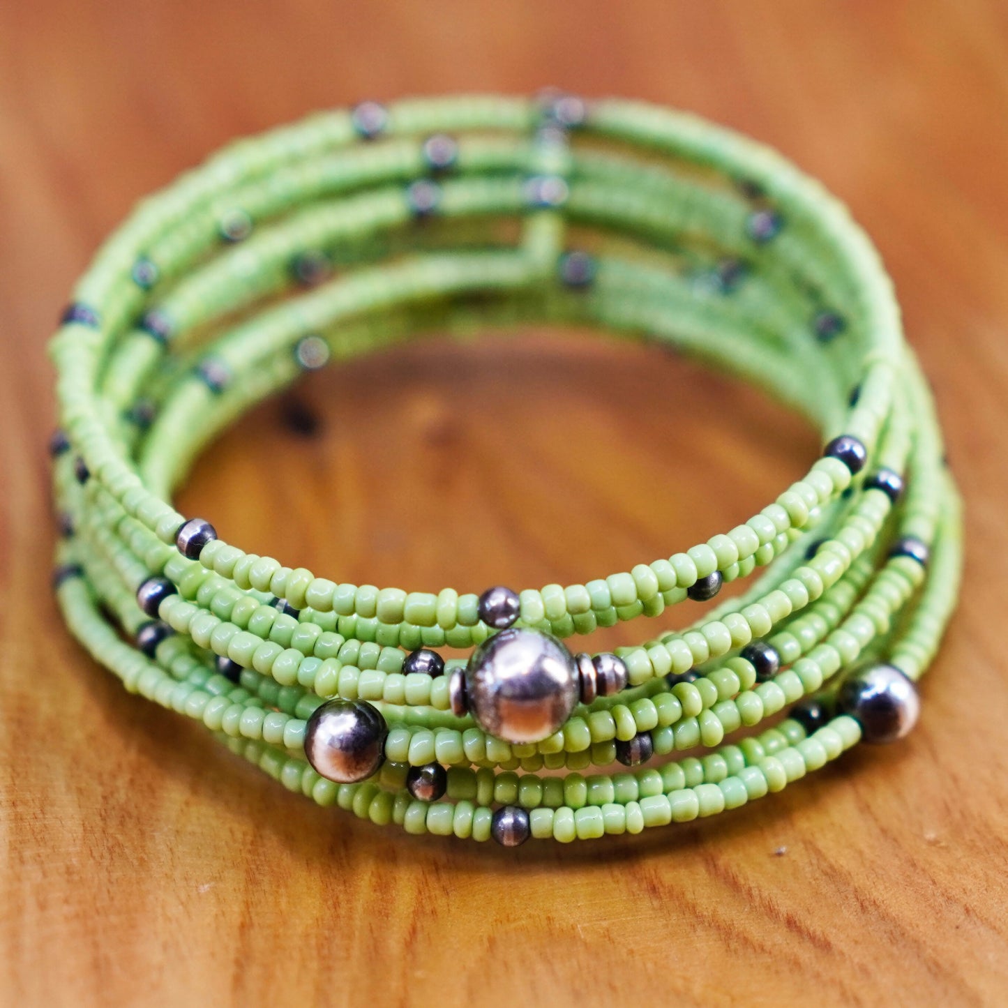 6” handmade green beads wrap around bangle bracelet sterling 925 silver beads
