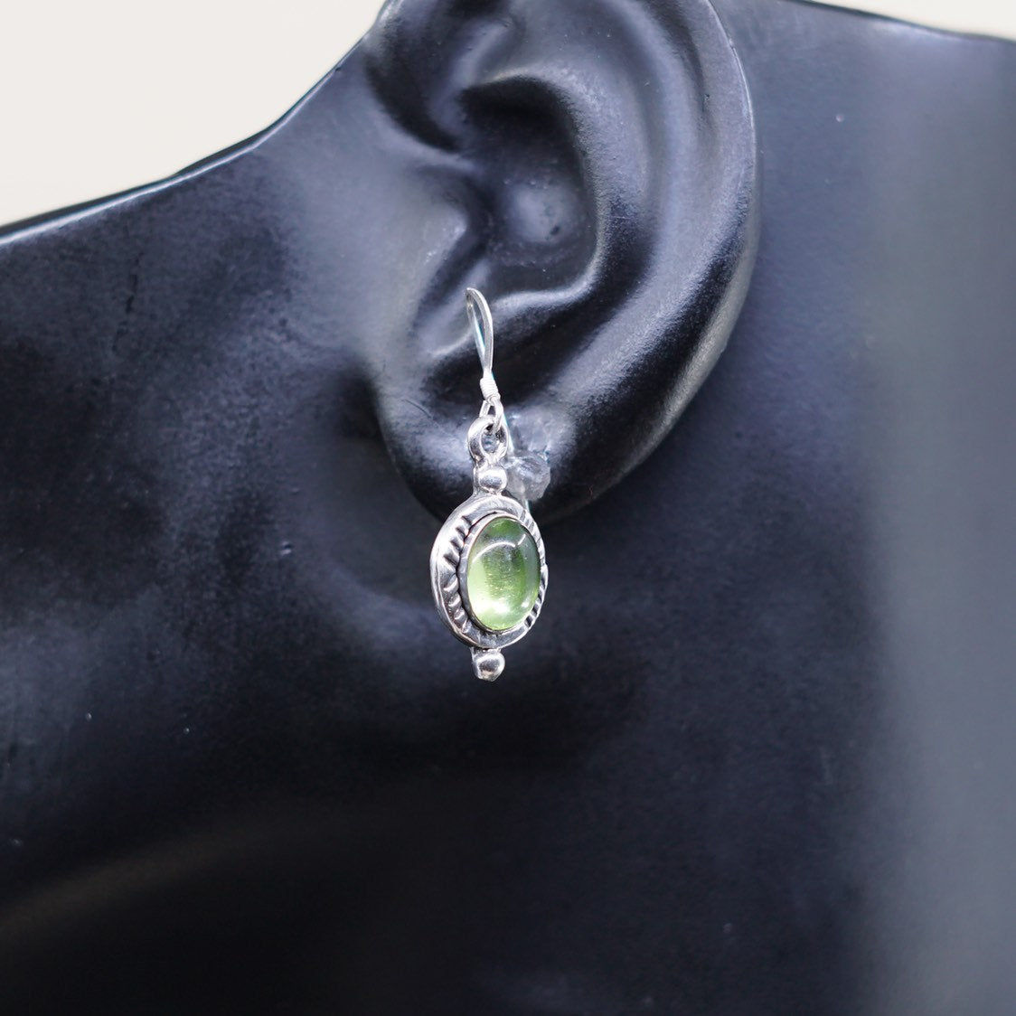 vtg Israel Sterling silver handmade earrings, 925 w/ green glass