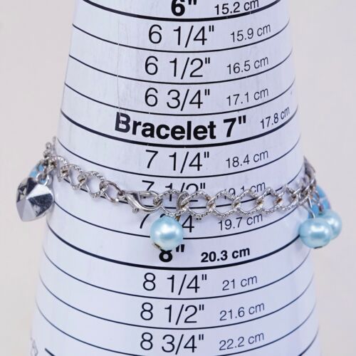 7.5”, Vtg Antique Silver Tone Handmade Bracelet W/ Blue Pear N Foiled Glass