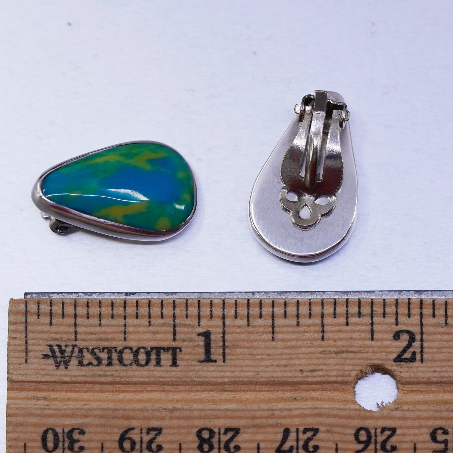 Vintage Sterling 925 silver handmade earrings, clip on with rain flower stone
