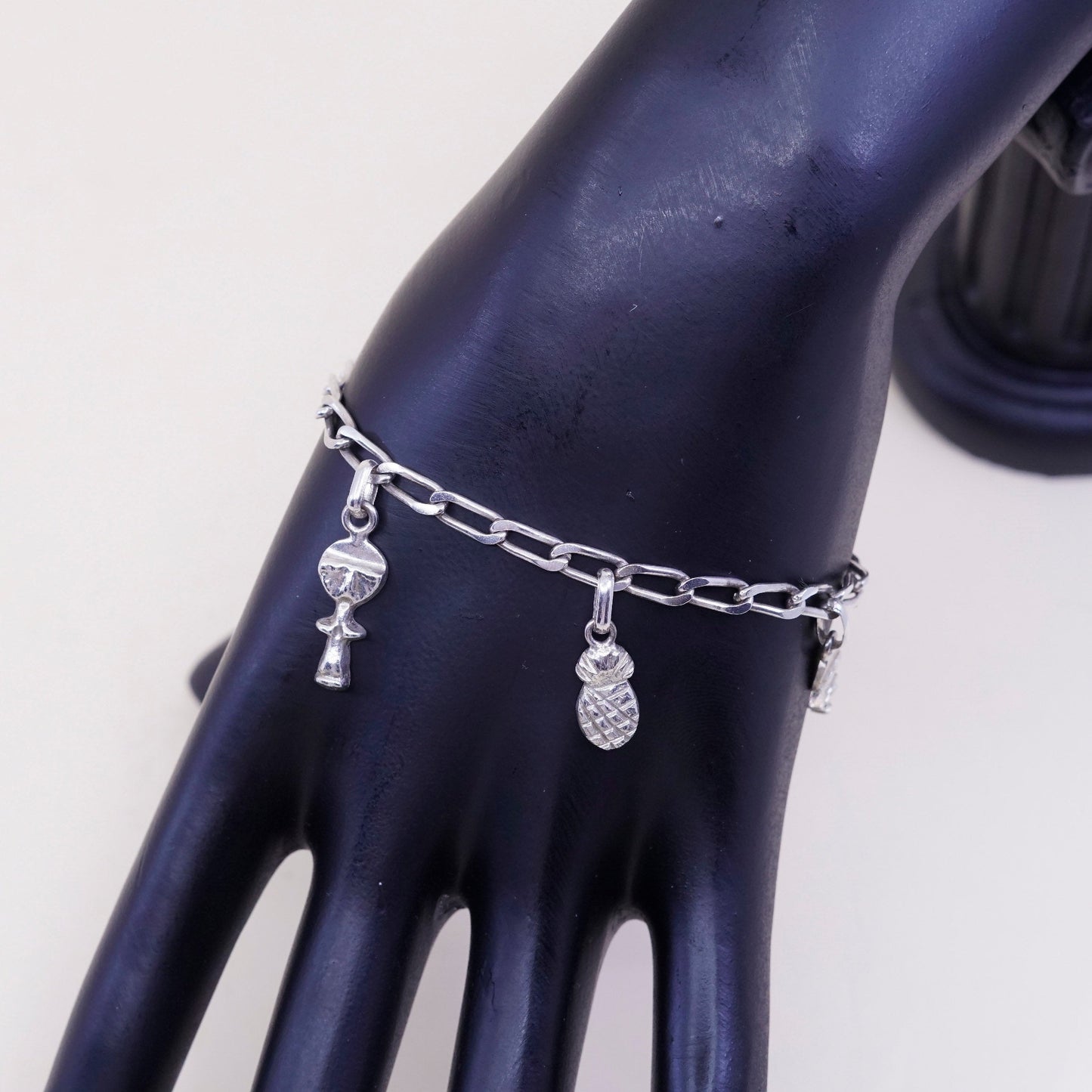 7”,, sterling 925 silver curb bracelet w/ palm tree pineapple elephant charms