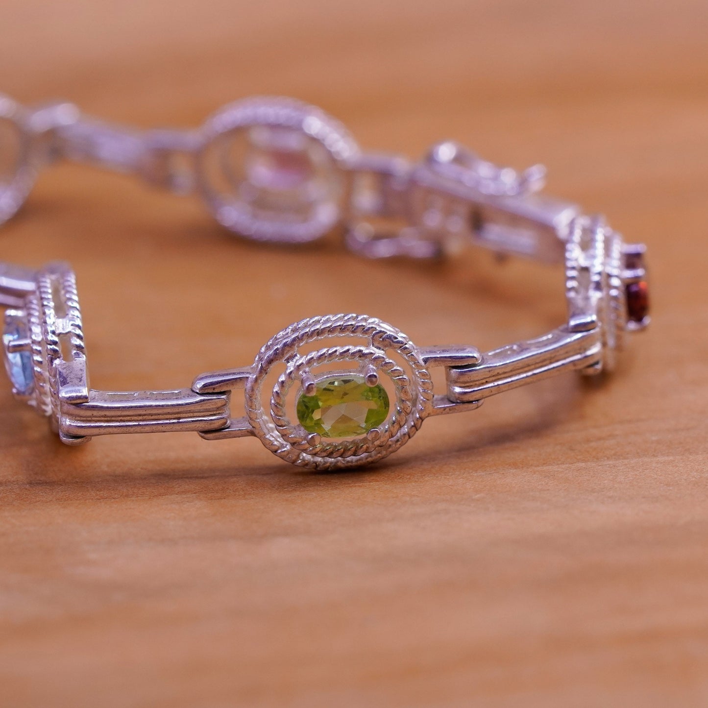 7”, vtg Sterling silver tennis bracelet, 925 bar amethyst topaz peridot citrine