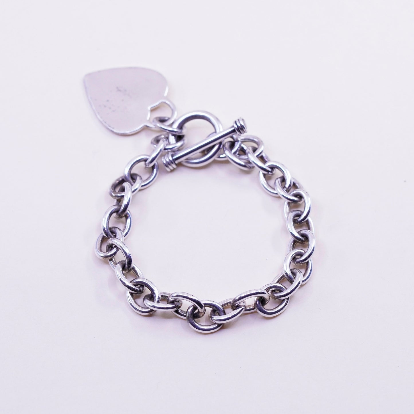 6.5”, 9mm, Vintage sterling 925 silver circle bracelet with heart charm