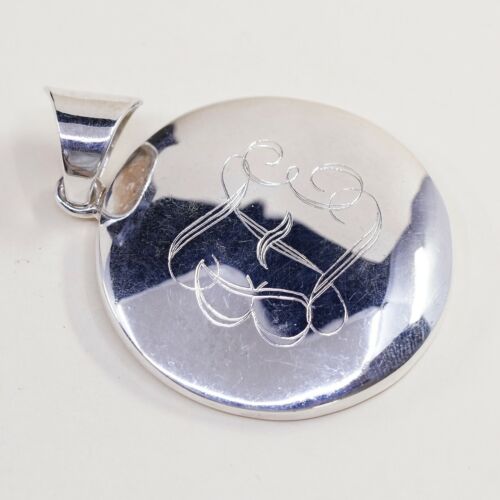 Vtg Sterling Silver Handmade Monogram Pendant, Modern Disc Engraved JZE