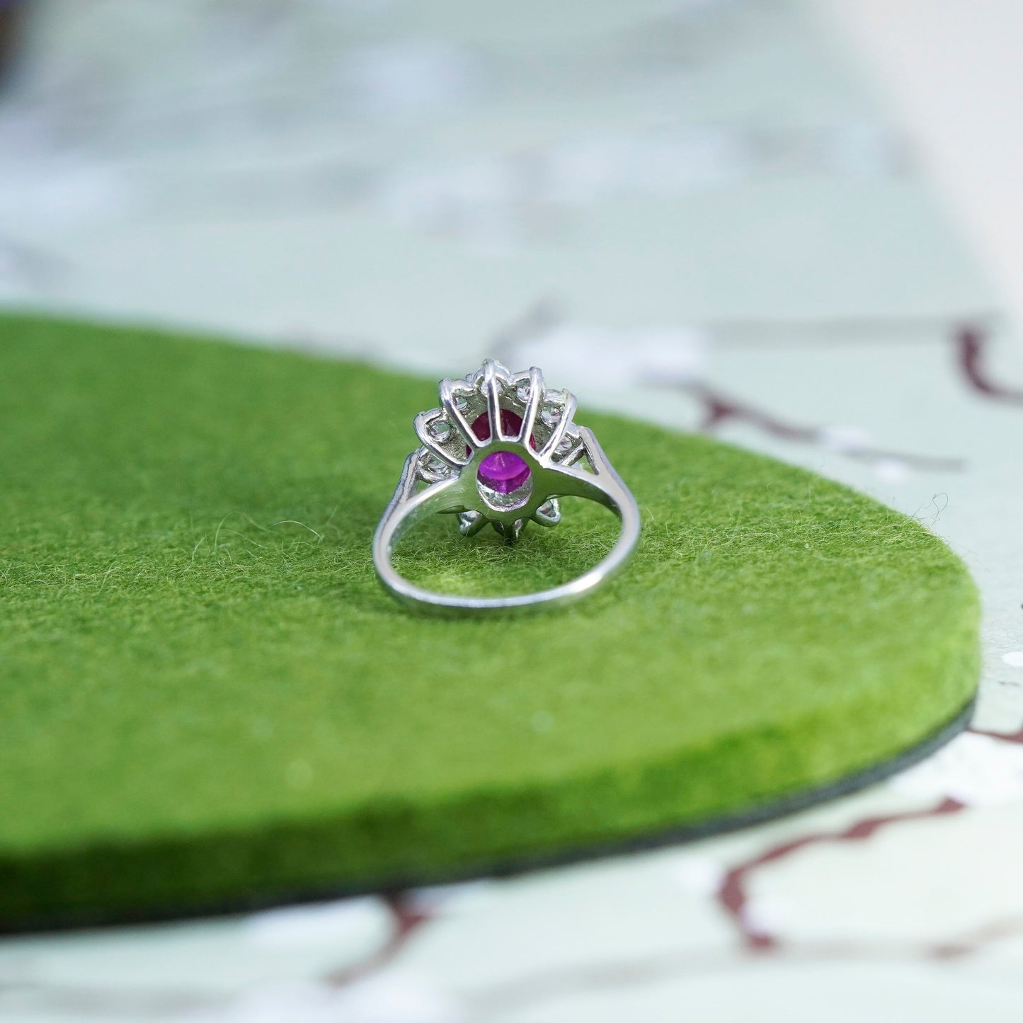 Size 7, Vintage sterling 925 silver ring with oval ruby and cz around