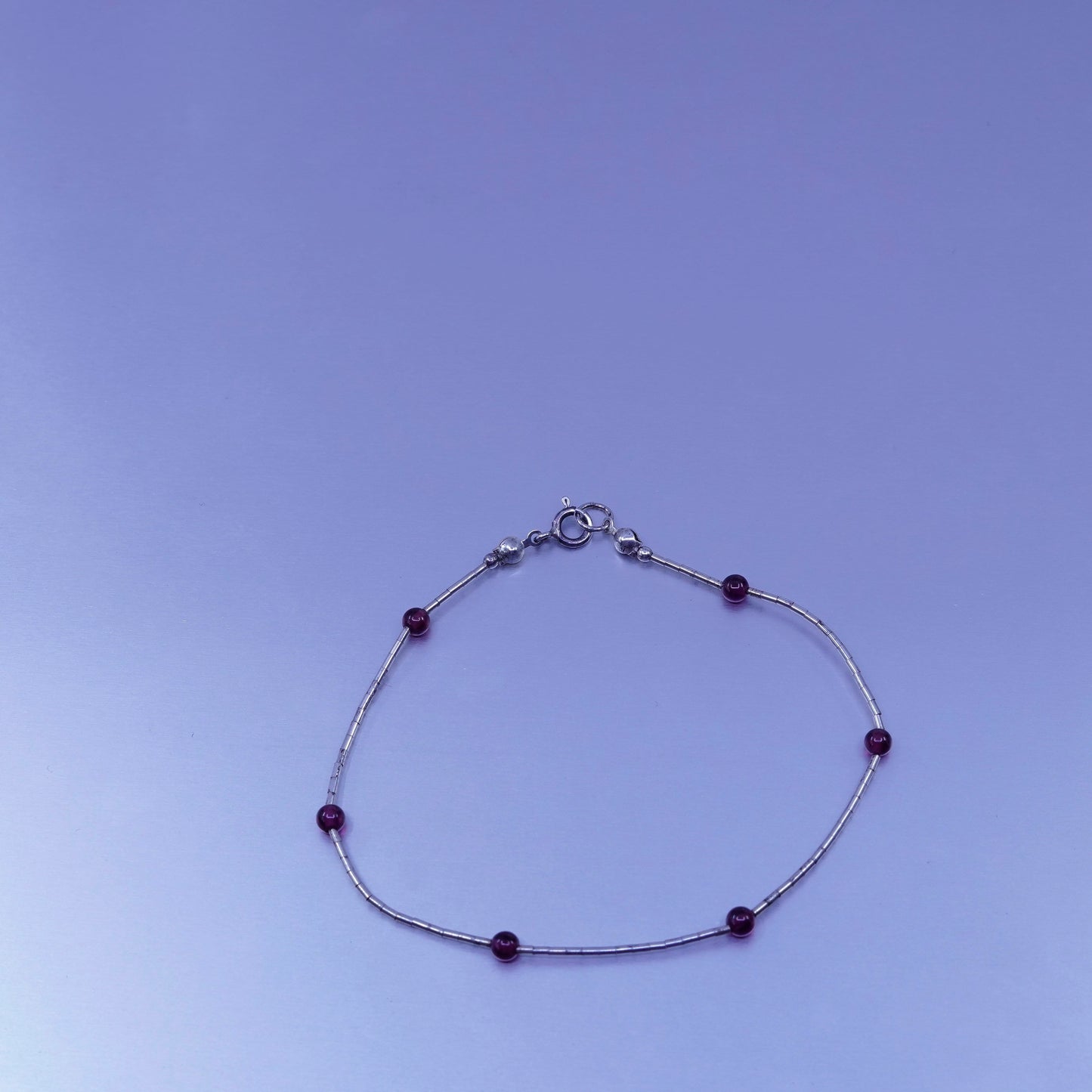 8”, Vintage Sterling 925 silver handmade bracelet, liquid chain garnet charms