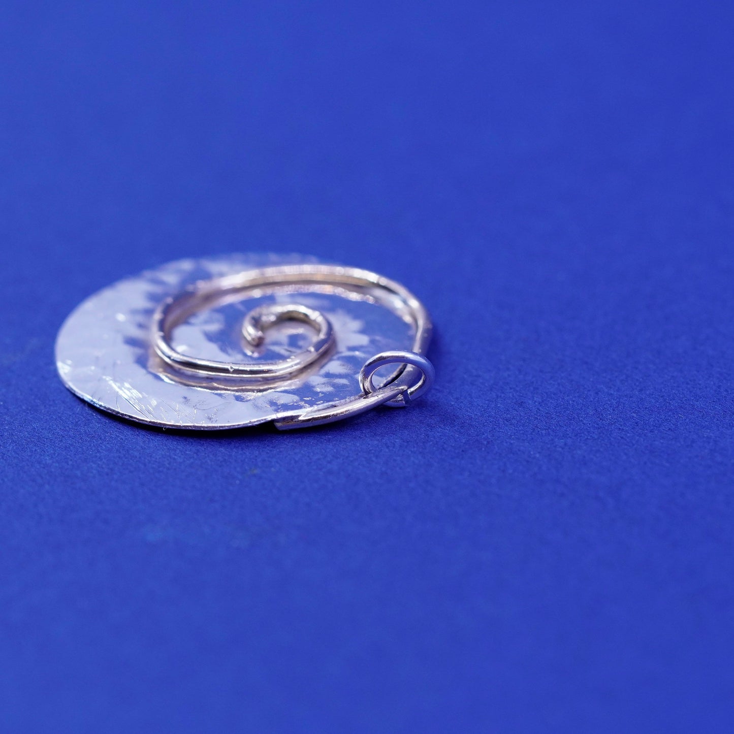 two tone Sterling silver pendant, 925 hammered circle charm with brass swirl