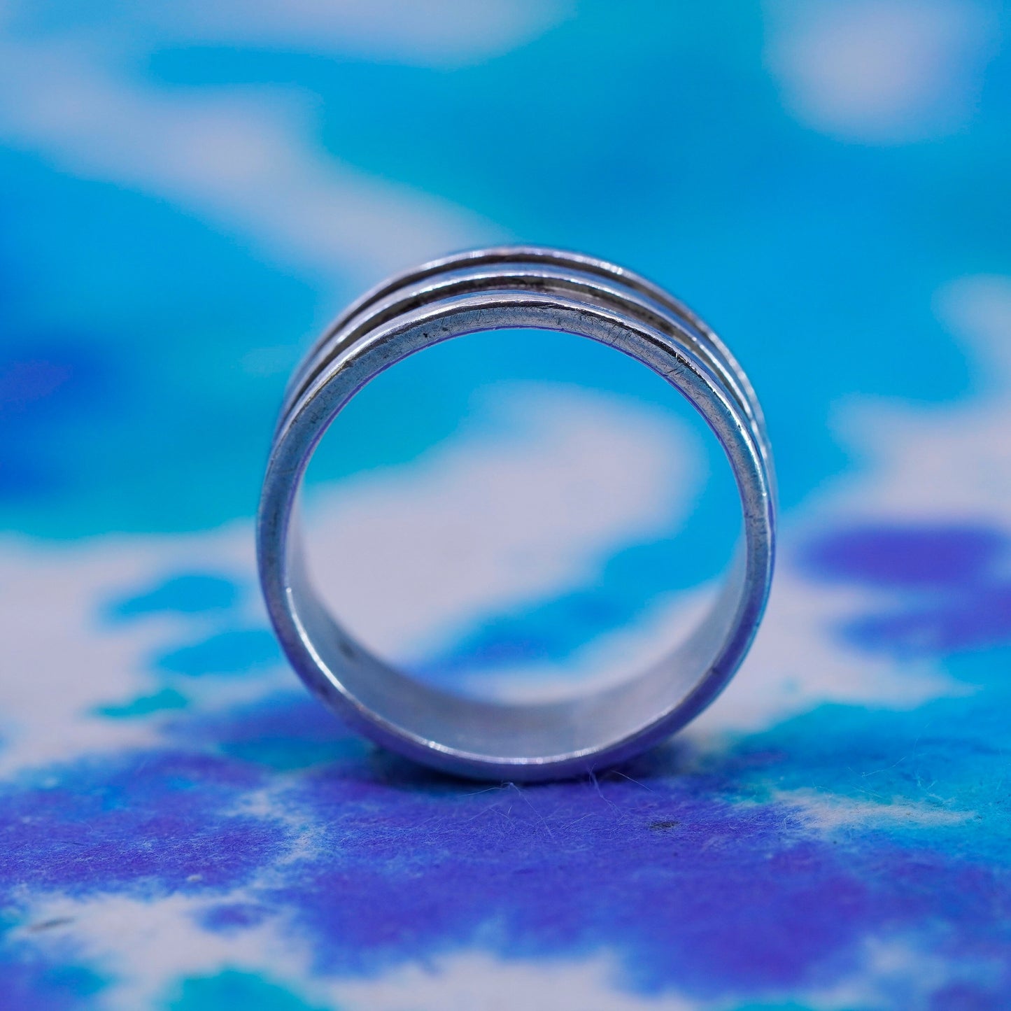 Size 7, vintage Sterling silver handmade ribbed ring, 925 statement band