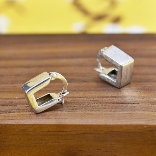 0.5”, vintage Italy Sterling silver handmade hoops, square 925 huggie earrings