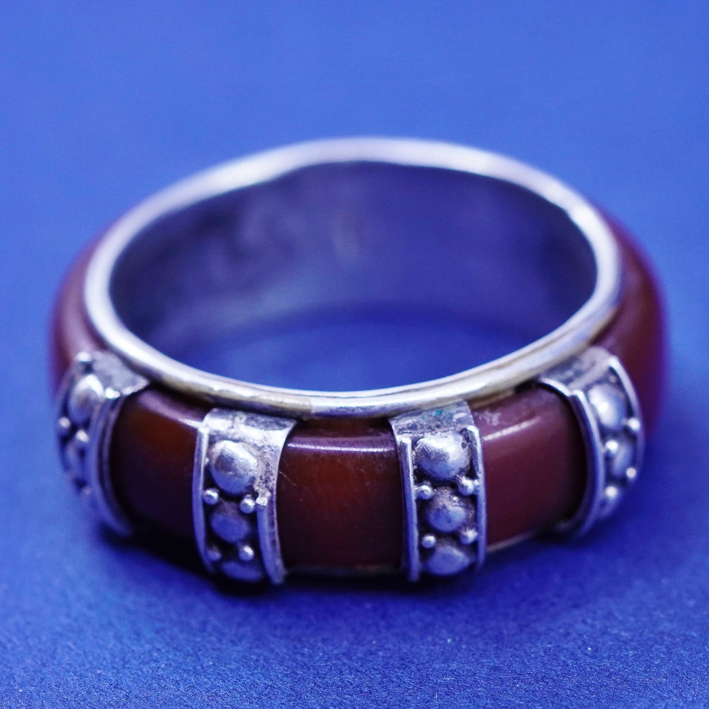 Size 7.5, Sterling Silver 925 Red Carnelian handmade Ring band with beads