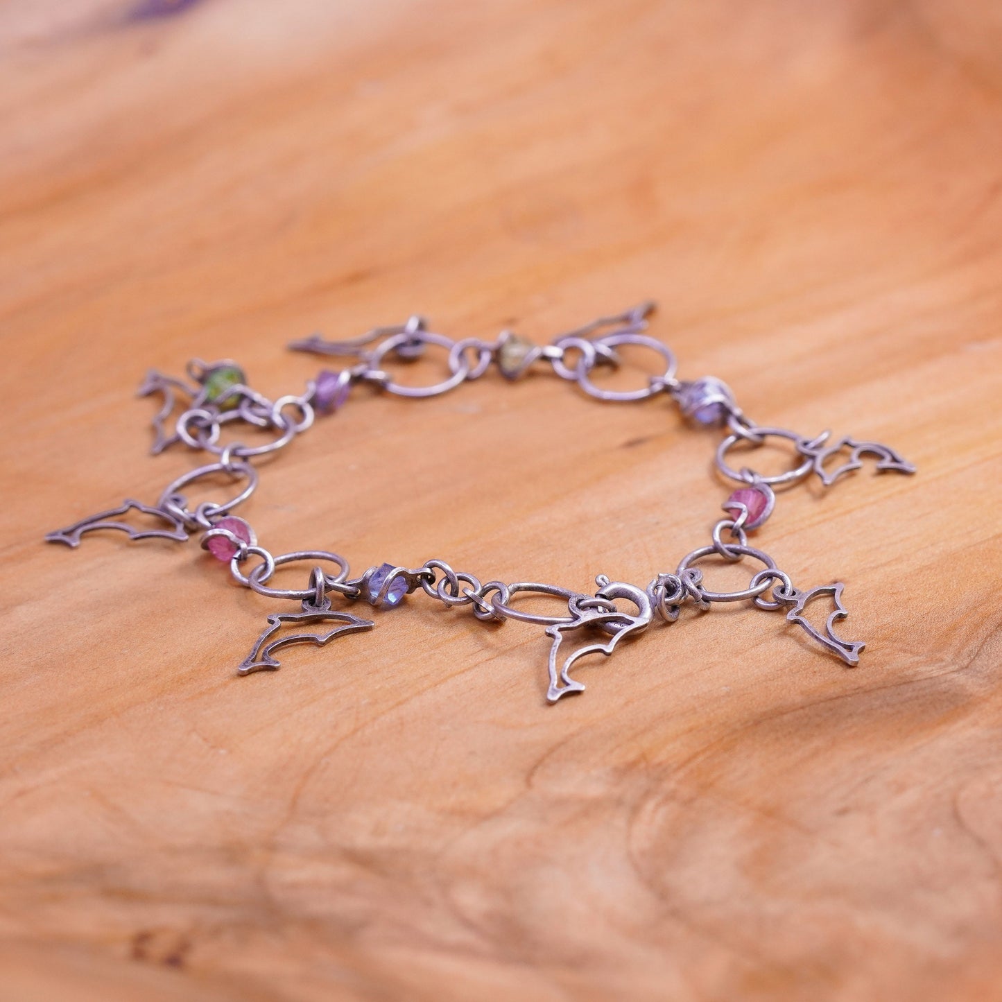 6.5”, vintage Sterling silver handmade bracelet, 925 chain with dolphin charms