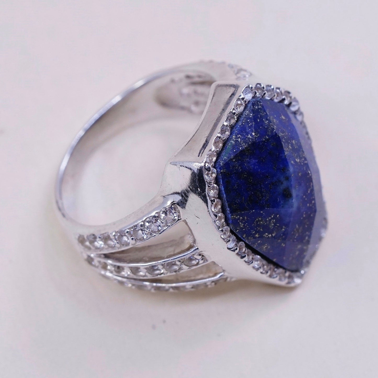 Size 10, vtg sterling 925 silver handmade ring with Lapis lazuli and Cz around