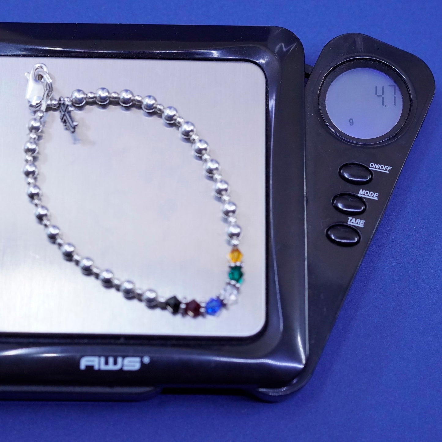 6.75”, sterling silver bracelet, 925 circle chain w/ cross charm crystal beads