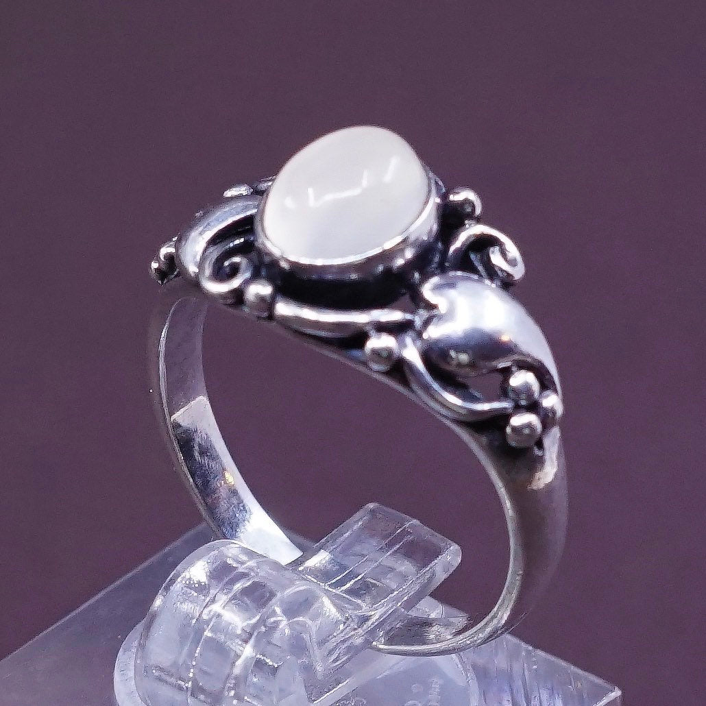 sz 8.5, vtg Sterling silver handmade ring, 925 w/ white tiger eye N beads