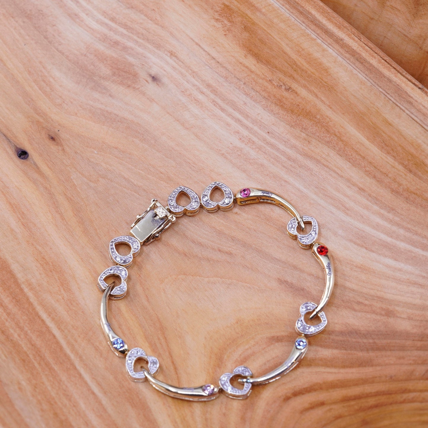 7.25”, vtg vermeil gold over Sterling silver tennis bracelet, 925 heart crystal