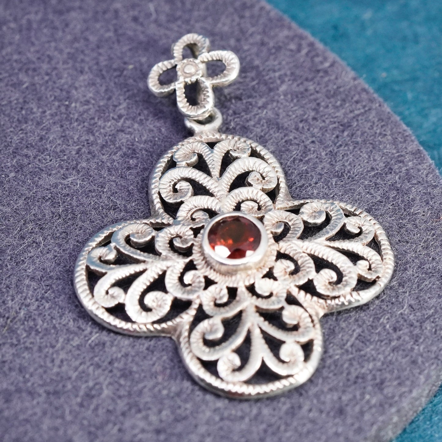 Vintage Sterling silver handmade pendant, 925 filigree lucky clover with ruby