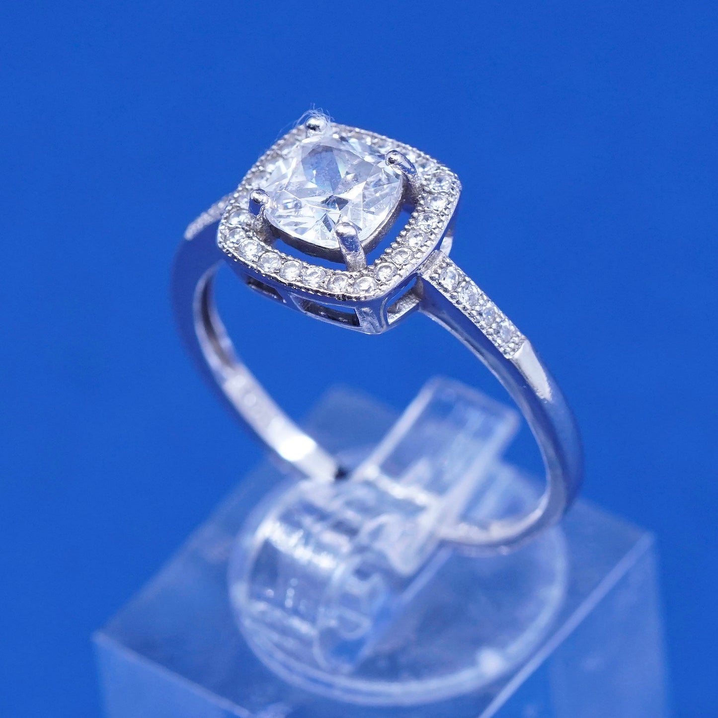 sz 9.25, vtg Sterling 925 silver engagement ring, w/ clear cz around
