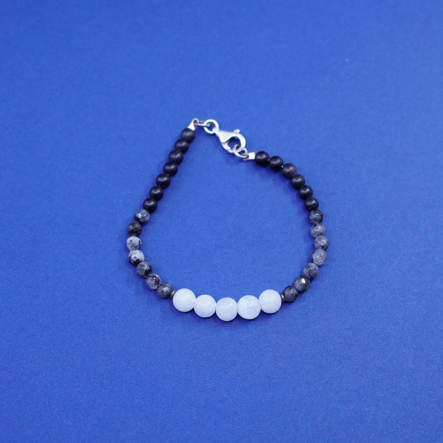 6.25”, vintage Sterling silver handmade bracelet with black and white quartz