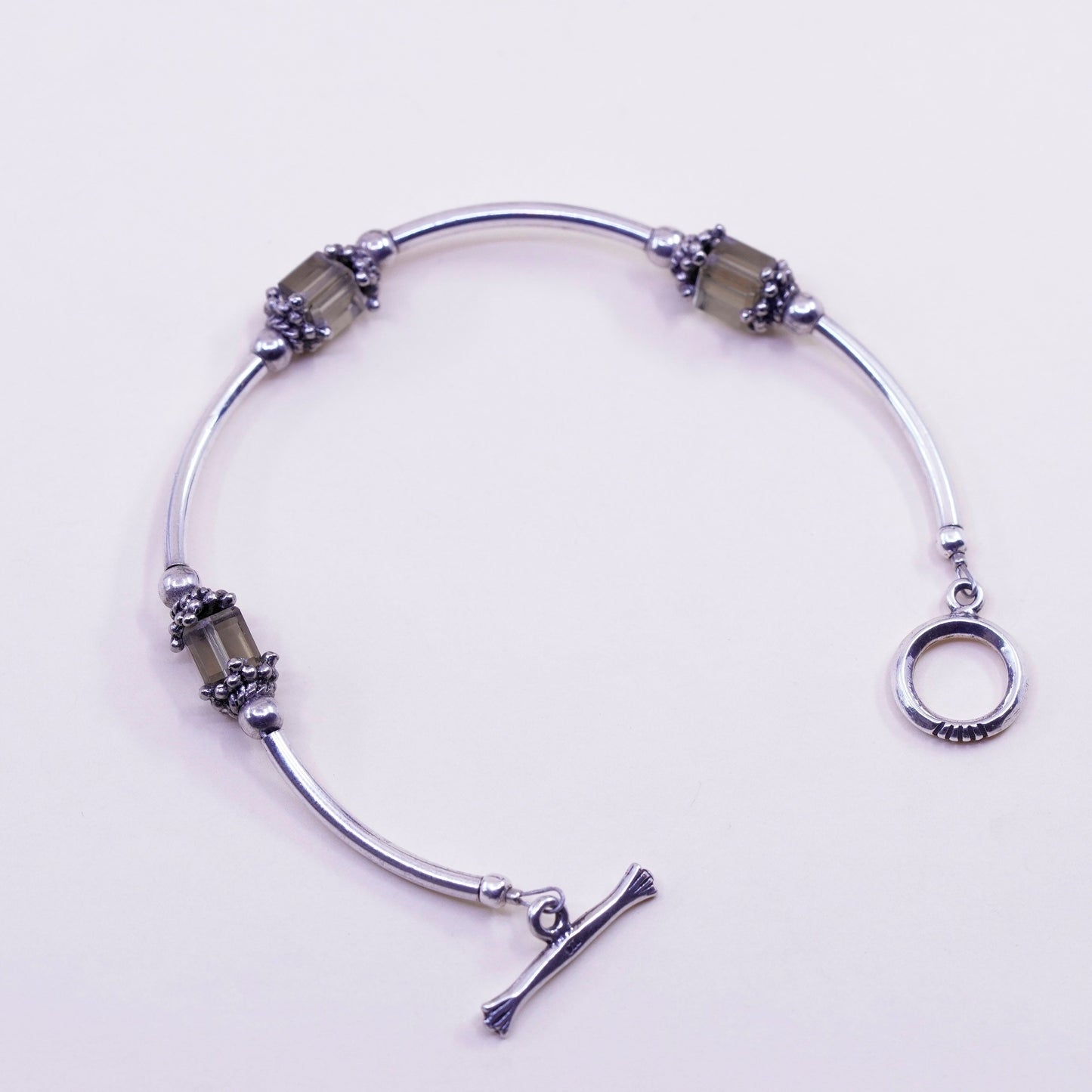 6.5”, vintage Sterling silver handmade bracelet, 925 bar smoky crystal beads