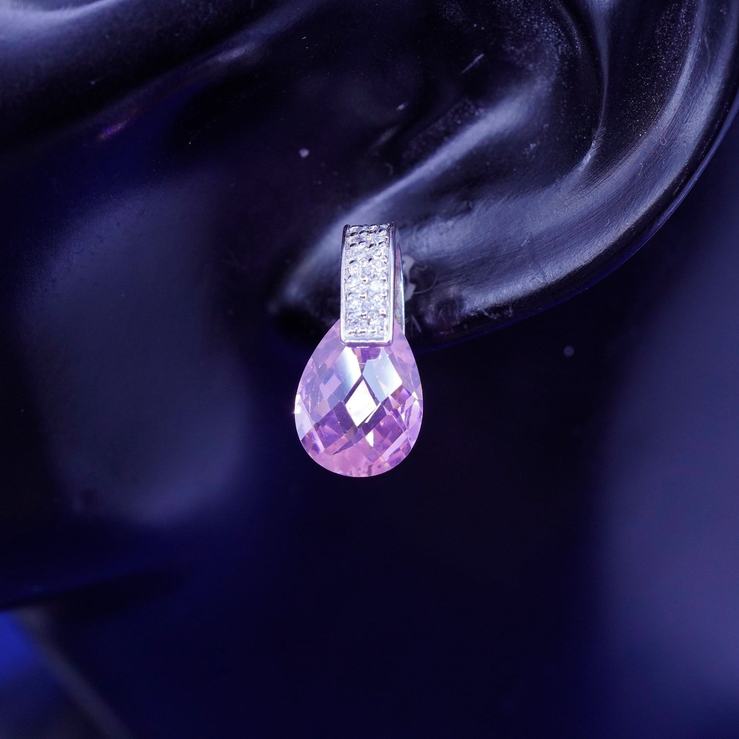 Vintage Sterling 925 silver handmade earrings with pink crystal drop and Cz