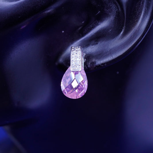 Vintage Sterling 925 silver handmade earrings with pink crystal drop and Cz