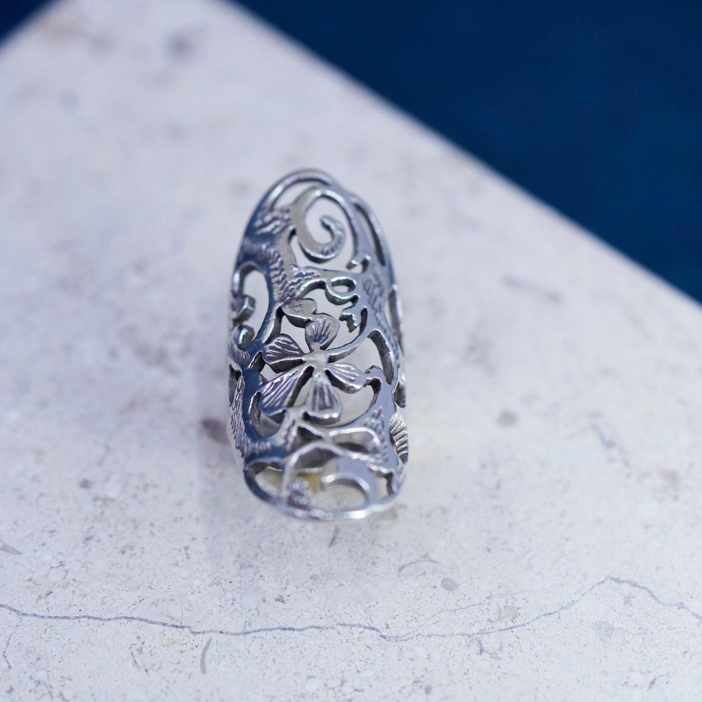 Size 5.25, vintage Sterling 925 silver handmade ring filigree flower ring