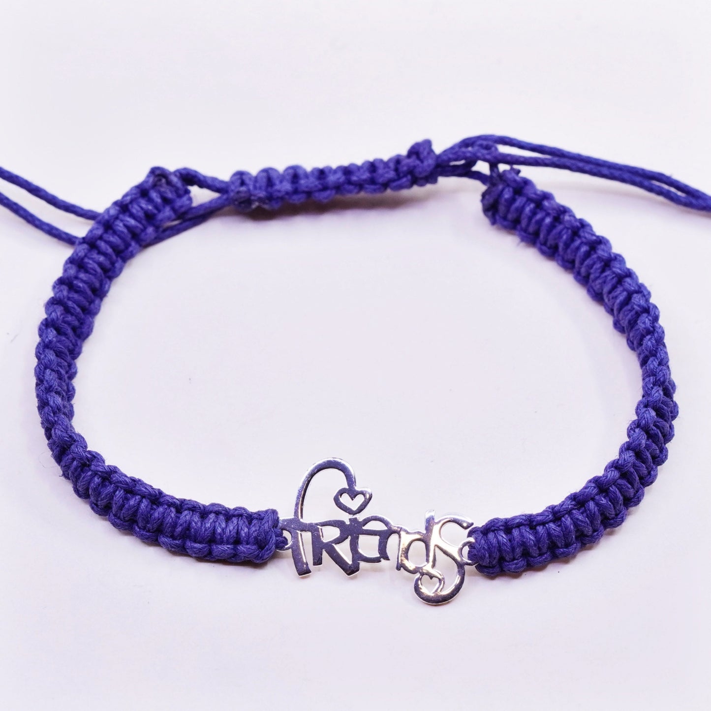 Size adjustable, Sterling 925 silver bracelet blue linen thread “friends” charm