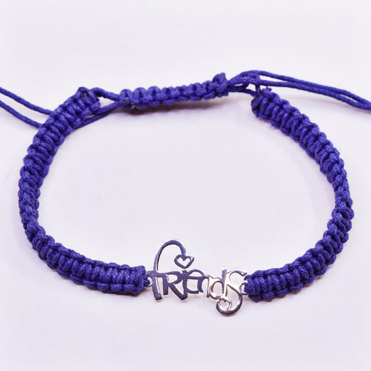 Size adjustable, Sterling 925 silver bracelet blue linen thread “friends” charm